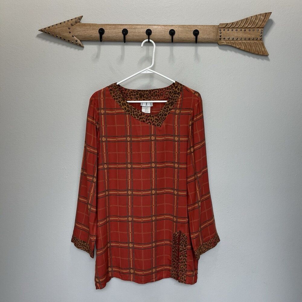 O R A | Ora Vintage Red Plaid Tunic Top Animal Print Trim Medium Off Center Neck